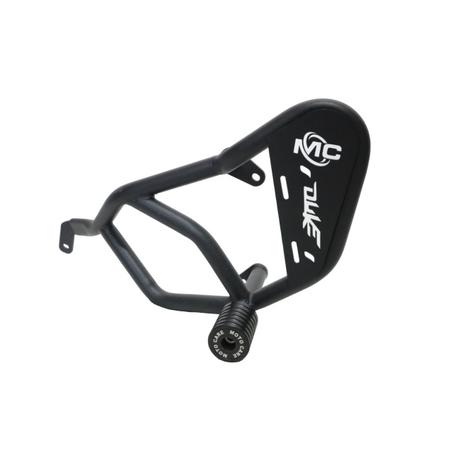 MotoCare KTM Duke 200 BS6 crash guard with dual sliders installed for engine protection and frame safety with logo branding