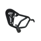 MotoCare KTM Duke 200 BS6 crash guard with dual sliders installed for engine protection and frame safety with logo branding
