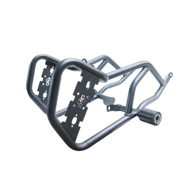 MotoCare Crash Guard with Dual Sliders installed on Bajaj Pulsar NS400Z showing engine protection and rugged premium finish