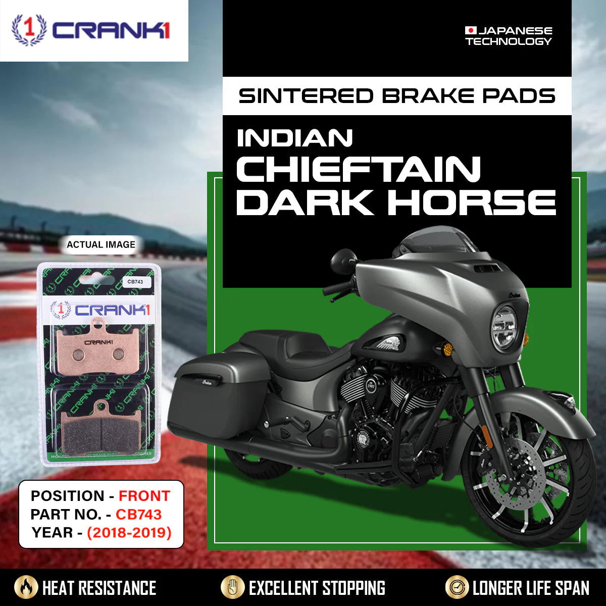 CRANK1 CB743 Sintered Front Brake Pads for Indian Chieftain Dark Horse (2018-2019) - Premium Performance Motorcycle Brake Pads