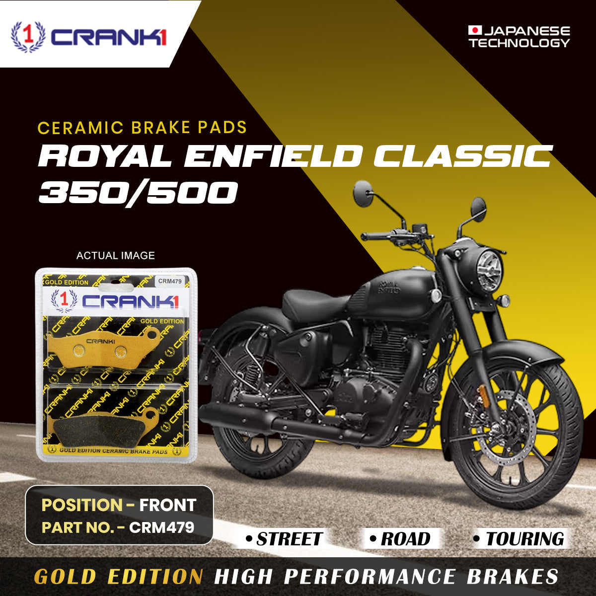 CRANK1 Ceramic Front Brake Pads CRM479 for Royal Enfield Classic 350 and Classic 500 HH Rated Motorcycle Disc Brake Pads