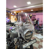 MotoCare polycarbonate visor installed on Honda CB350 RS showing smoke tinted windshield protector with aerodynamic design
