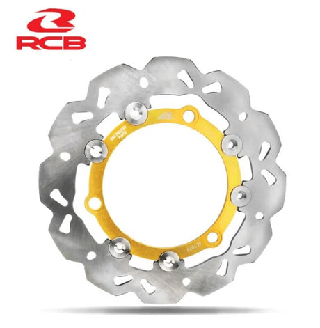 RCB S-Series 01D0486 230mm alloy floating front brake disc for Yamaha Aerox 155 in Red and Gold colour options.