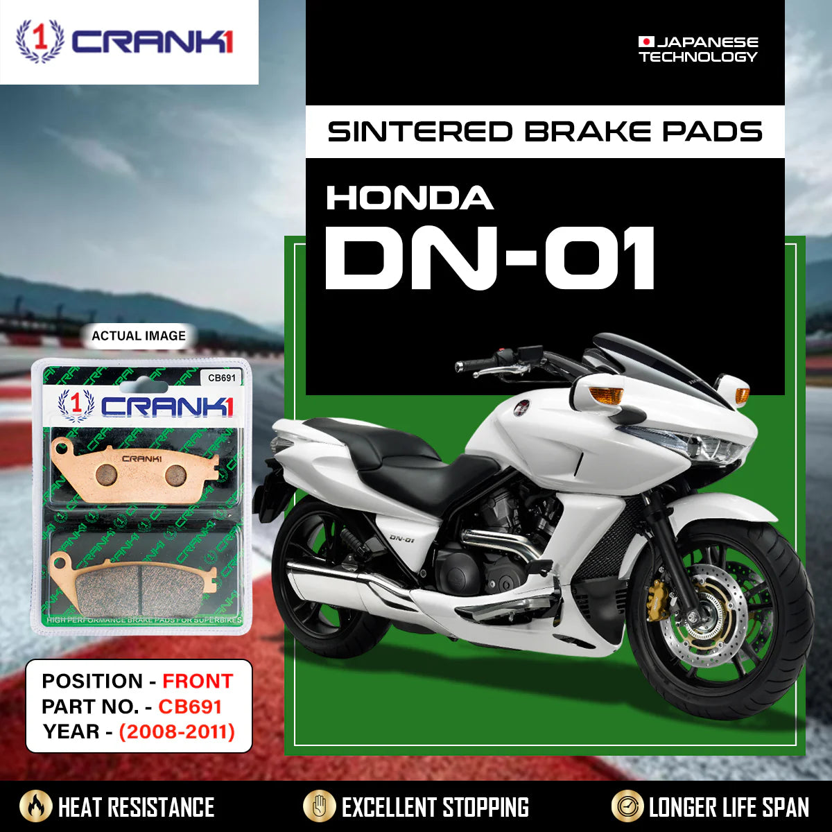 CRANK1 CB691 sintered front brake pads for Honda DN-01 (2008-2011) high-performance motorcycle braking upgrade.