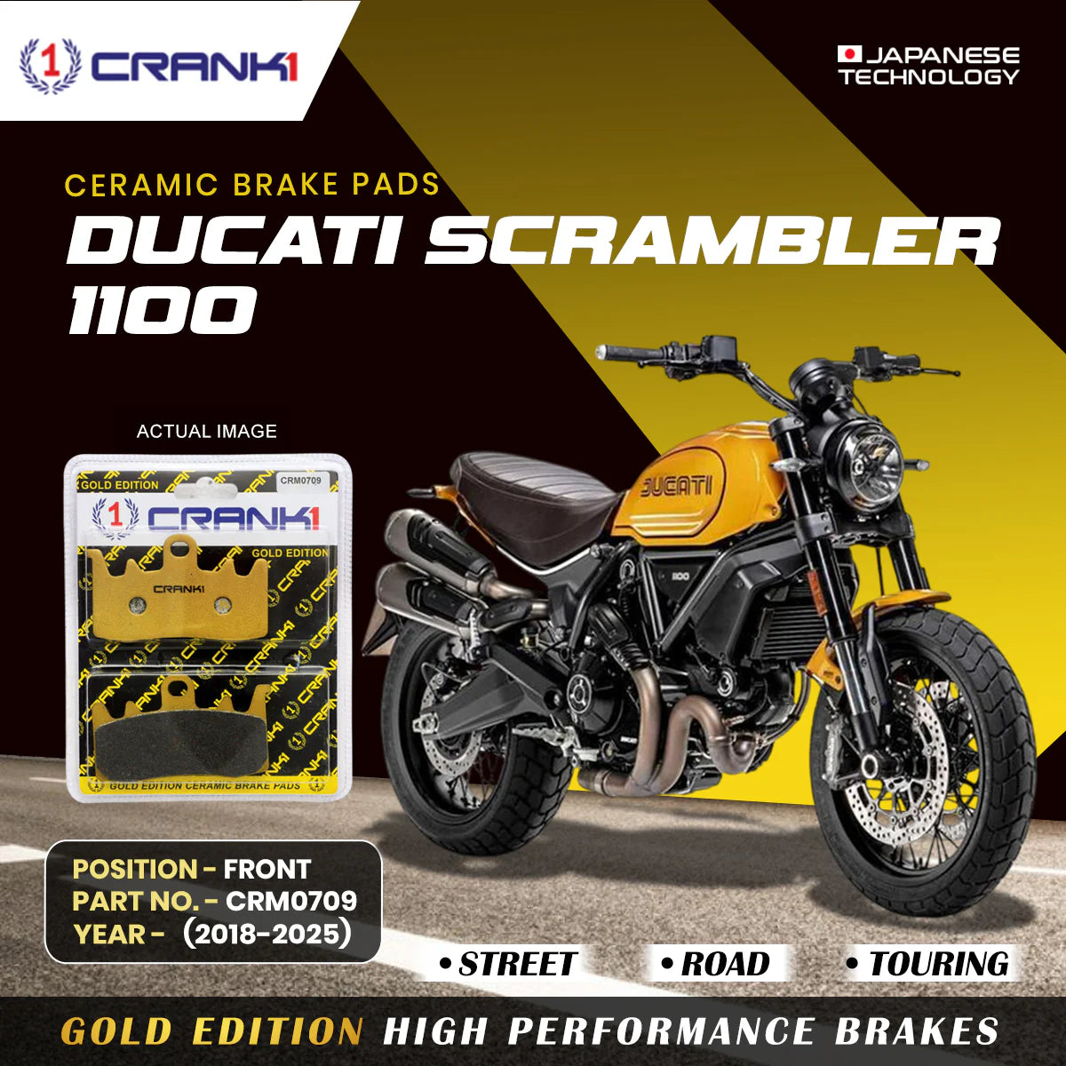 CRANK1 CRM0709 Ceramic Front Brake Pads for Ducati Scrambler 1100 2018-2025 HH Rated Motorcycle Brake Pads