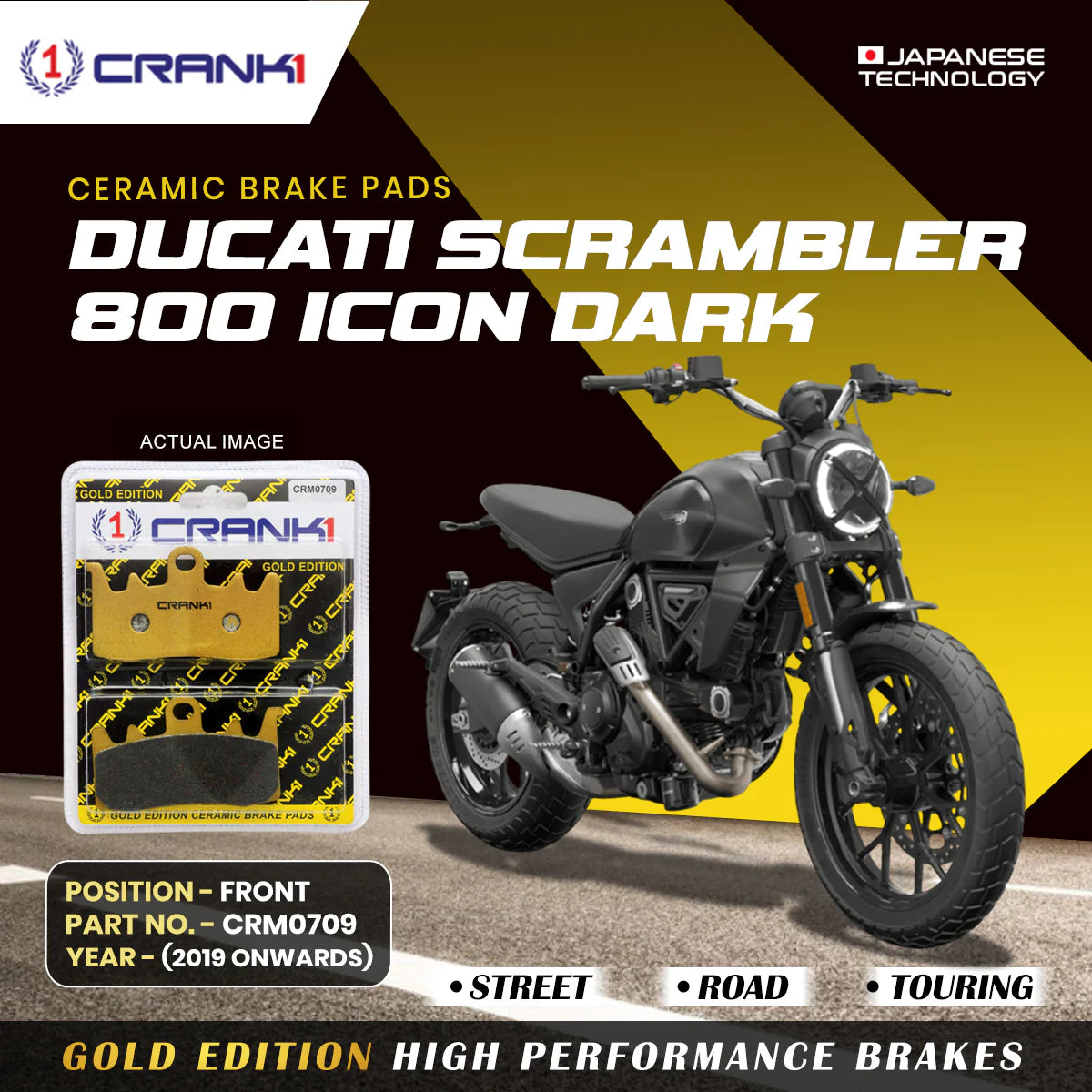 CRANK1 Ceramic Front Brake Pads CRM0709 for Ducati Scrambler Icon Dark 800 (2019-Onwards) HH Rated Motorcycle Disc Brake Pads 2 Sets