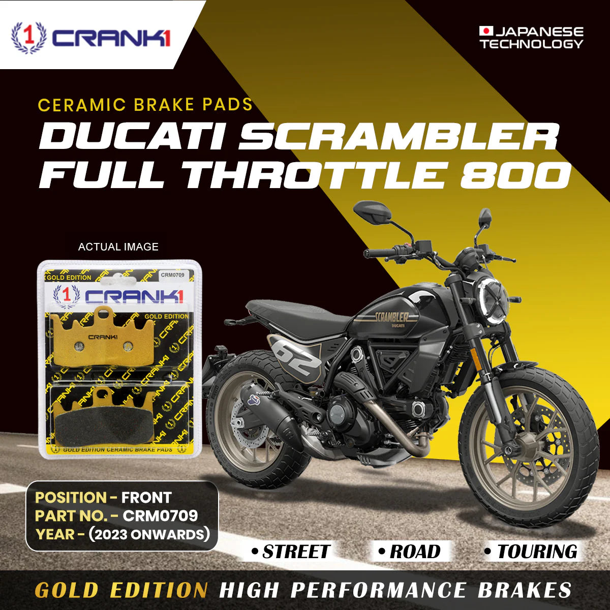 CRANK1 Ceramic Front Brake Pads CRM0709 for Ducati Scrambler Full Throttle 800 (2023-Onwards) HH Rated Motorcycle Disc Brake Pads 2 Sets