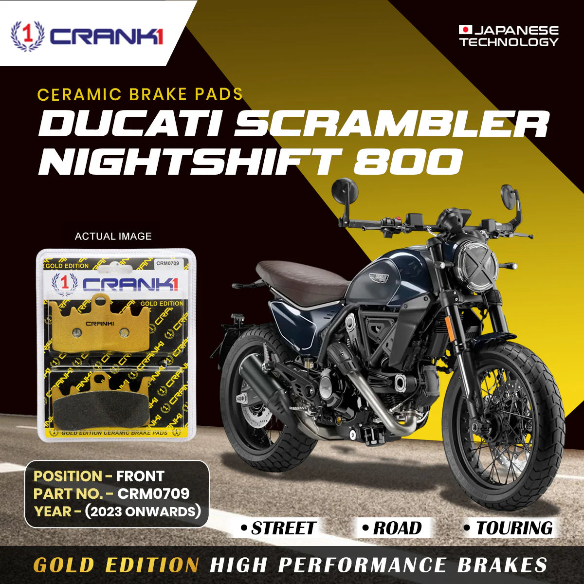 CRANK1 Ceramic Front Brake Pads CRM0709 for Ducati Scrambler Nightshift 800 (2023-Onwards) HH Rated Motorcycle Disc Brake Pads 2 Sets