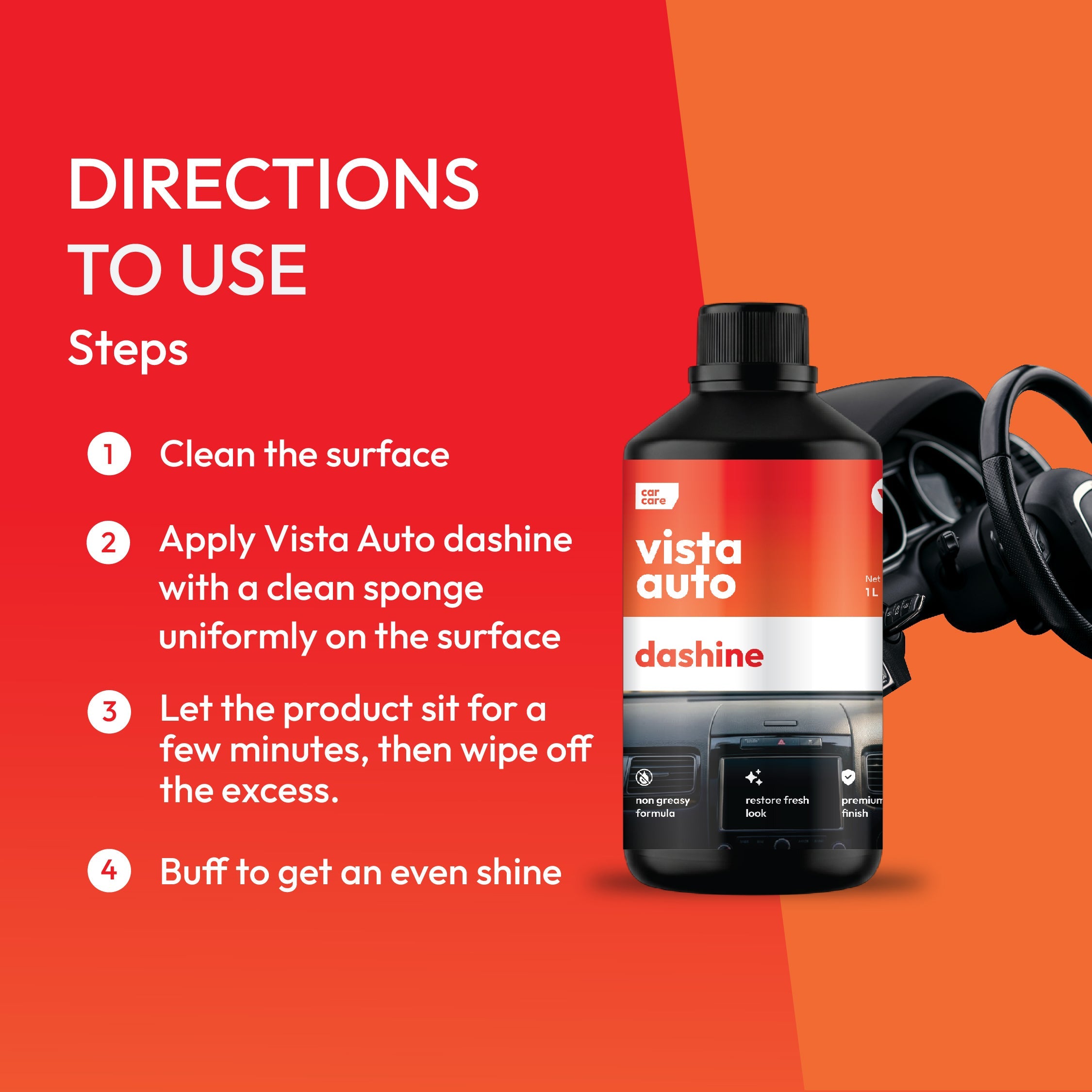 Vista Auto Care Dashine 1L non-greasy car dashboard polish

