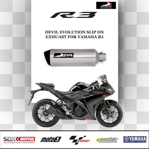 Devil Evolution slip-on exhaust Yamaha R3 titanium finish performance silencer with carbon tip
