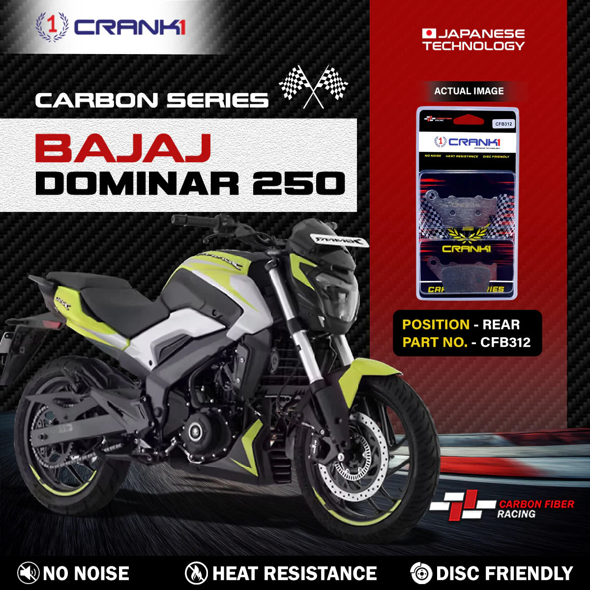 CRANK1 Carbon Rear Brake Pads CFB312 for Bajaj Dominar 250