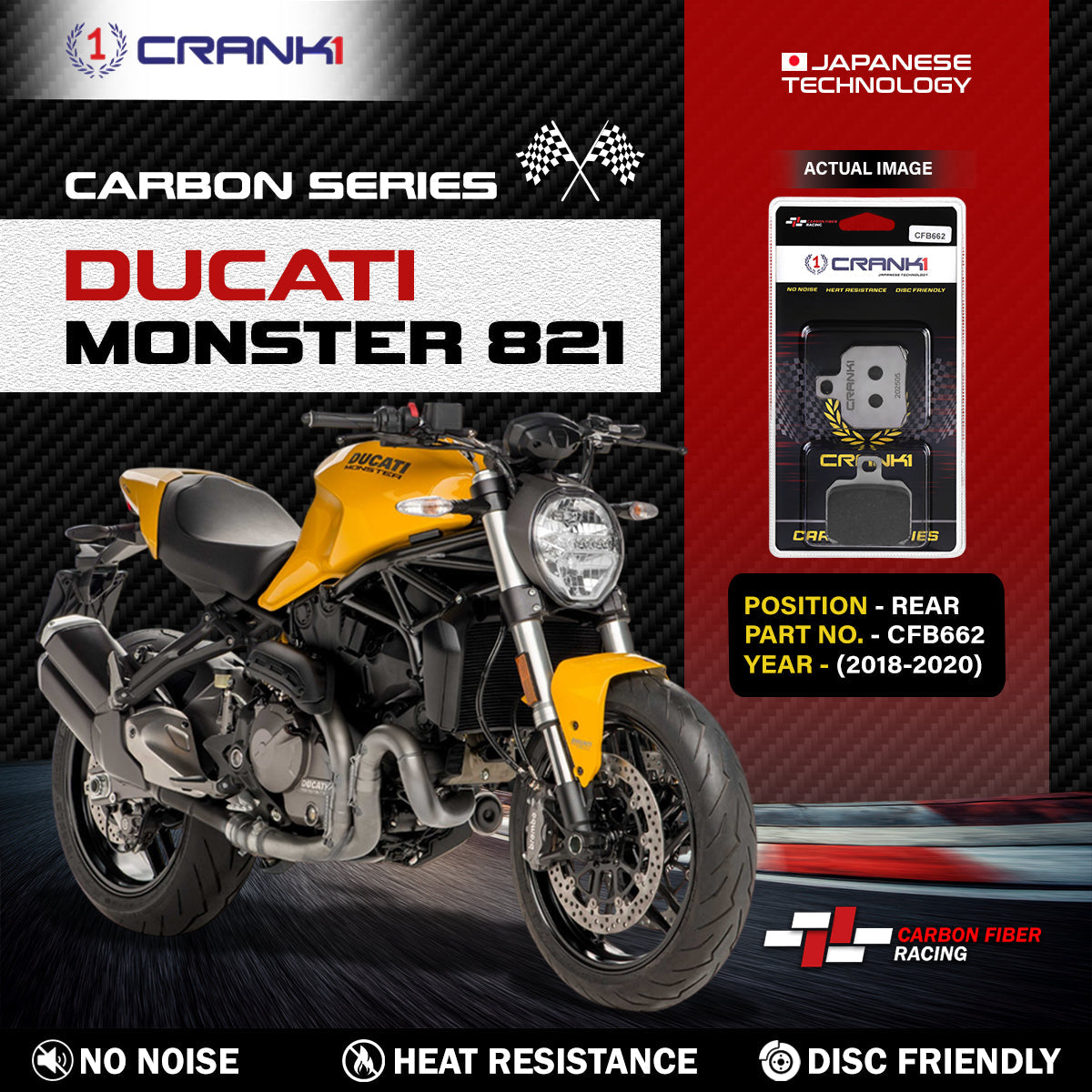 CRANK1 CFB662 carbon rear brake pads for Ducati Monster 821 2018-2020 motorcycle