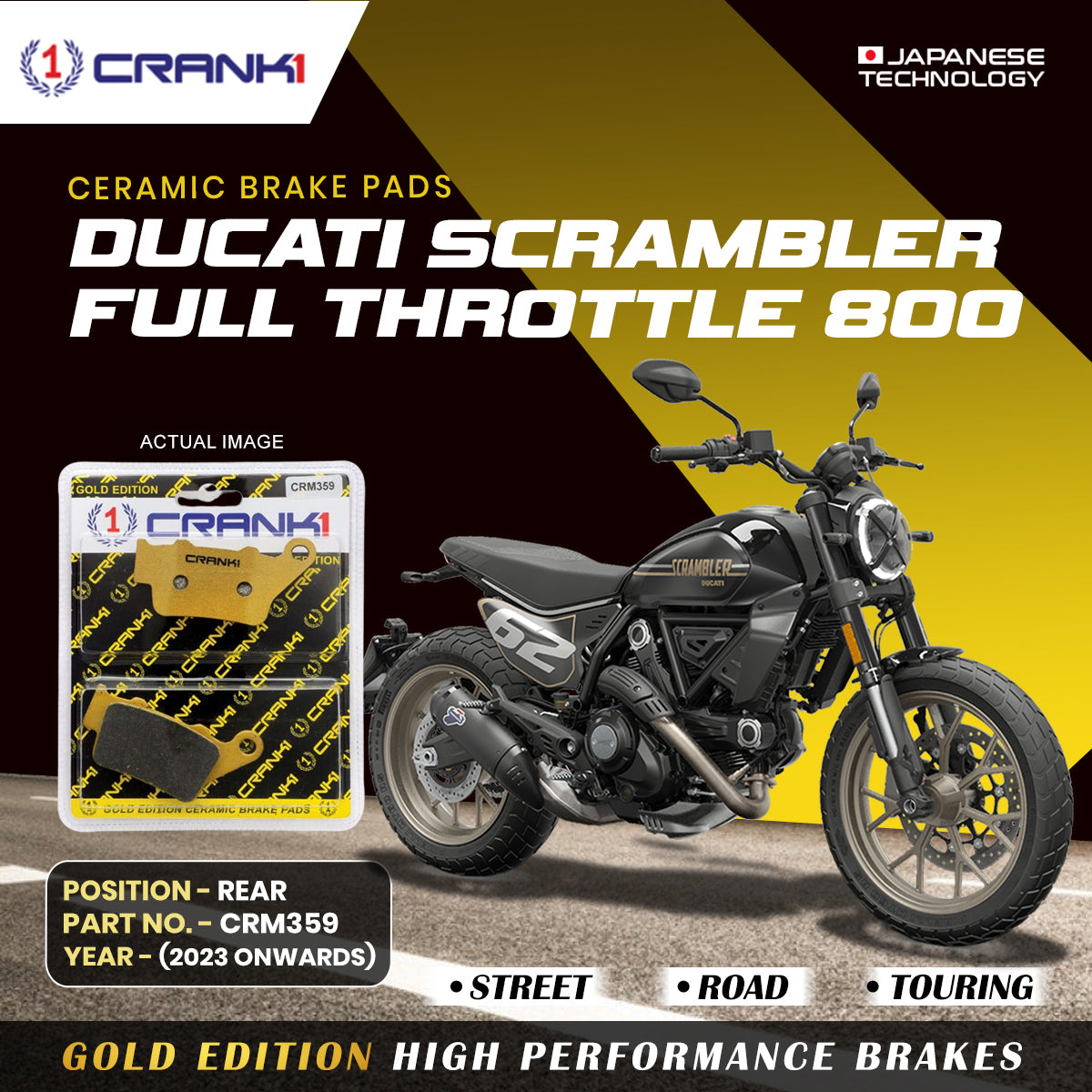 CRANK1 Ceramic Rear Brake Pads CRM359 for Ducati Scrambler Full Throttle 800 (2023-Onwards) HH Rated Motorcycle Disc Brake Pads 1 Set