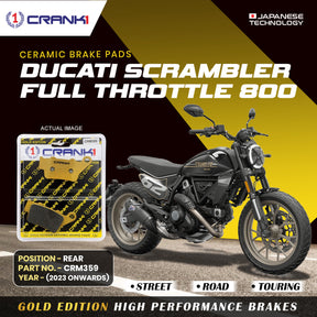 CRANK1 Ceramic Rear Brake Pads CRM359 for Ducati Scrambler Full Throttle 800 (2023-Onwards) HH Rated Motorcycle Disc Brake Pads 1 Set