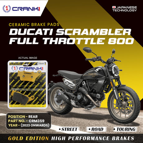 CRANK1 Ceramic Rear Brake Pads CRM359 for Ducati Scrambler Full Throttle 800 (2023-Onwards) HH Rated Motorcycle Disc Brake Pads 1 Set