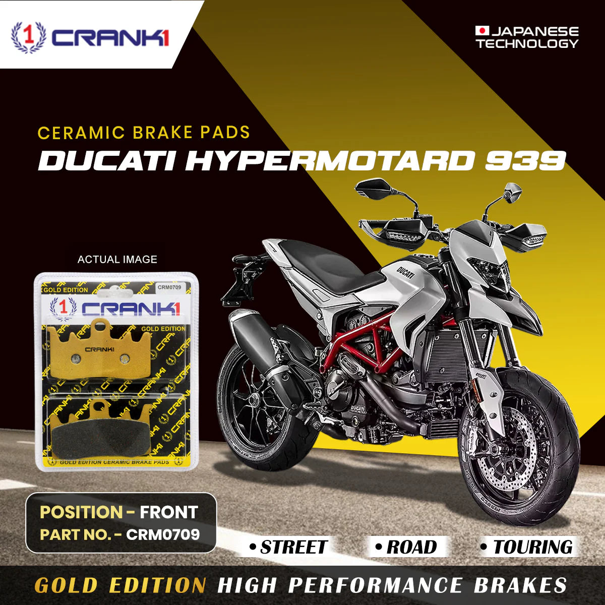 CRANK1 CRM0709 Ceramic Front Brake Pads for Ducati Hypermotard 939 Motorcycle Brake Pads HH Rated OEM Replacement