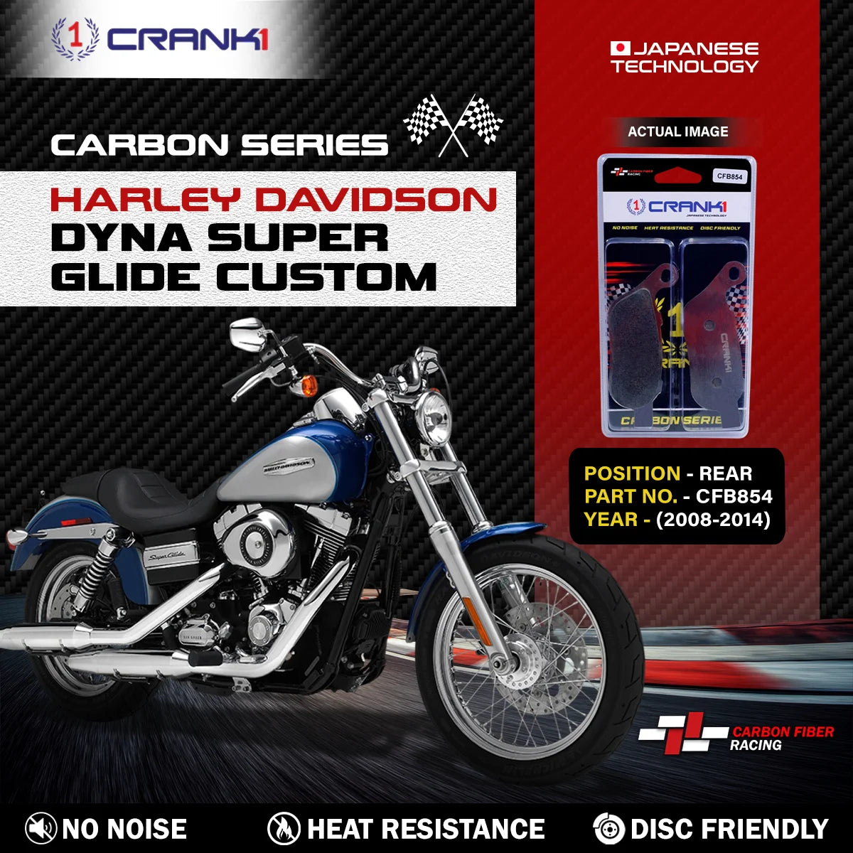 CRANK1 CFB854 carbon rear brake pads for Harley-Davidson Dyna Super Glide Custom 2008-2014