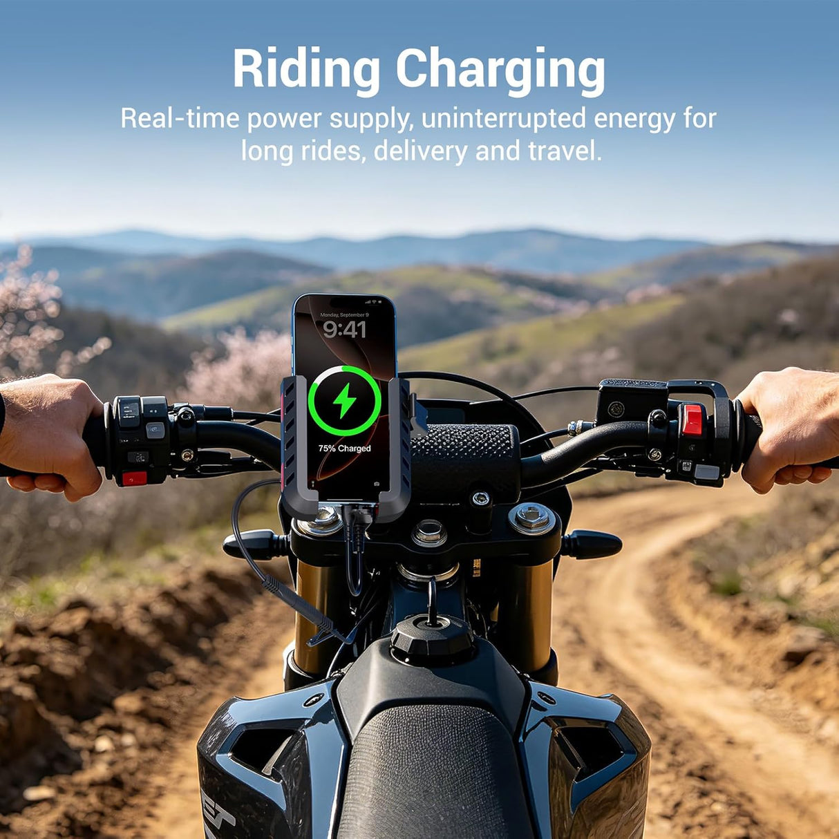 EDYELL motorcycle phone mount with 30W USB-C fast charger and 360 degree rotating anti-shake mobile holder