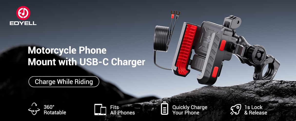 EDYELL motorcycle phone mount with 30W USB-C fast charger and 360 degree rotating anti-shake mobile holder