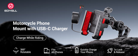 EDYELL motorcycle phone mount with 30W USB-C fast charger and 360 degree rotating anti-shake mobile holder
