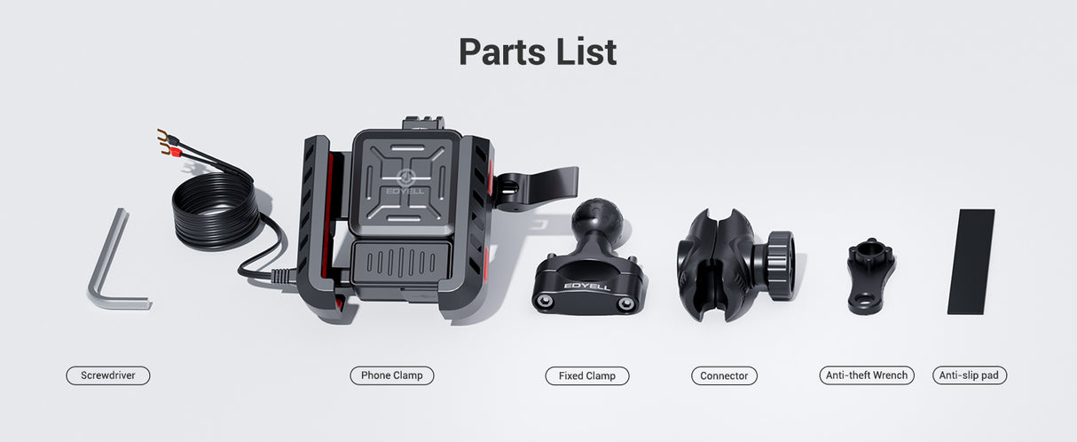 EDYELL motorcycle phone mount with 30W USB-C fast charger and 360 degree rotating anti-shake mobile holder