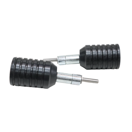 MotoCare fork sliders installed on Yezdi Adventure motorcycle protecting front and rear suspension forks during off-road riding