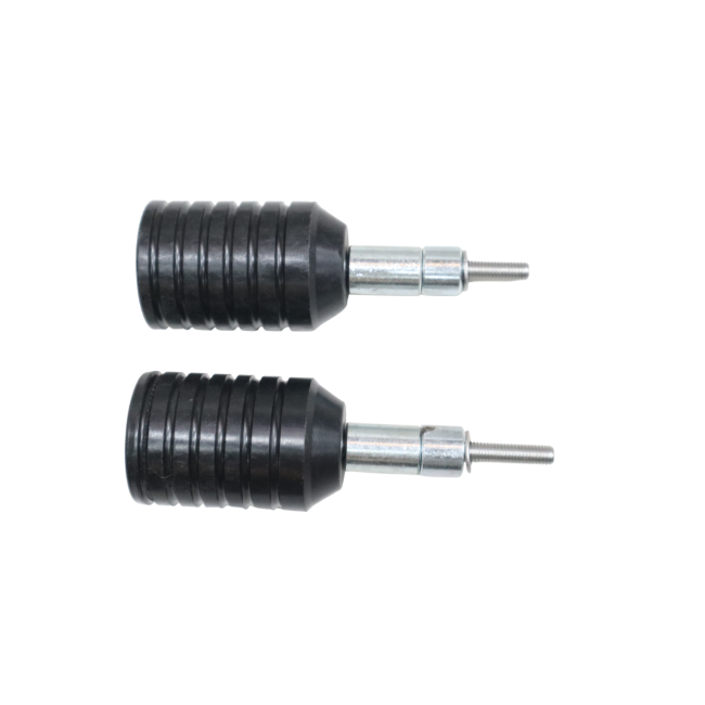 MotoCare fork sliders installed on Yezdi Adventure motorcycle protecting front and rear suspension forks during off-road riding