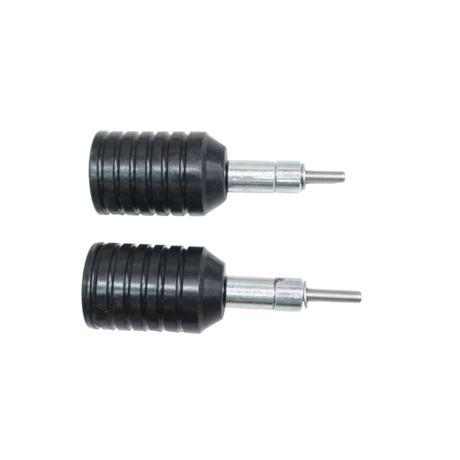MotoCare fork sliders installed on Yezdi Adventure motorcycle protecting front and rear suspension forks during off-road riding
