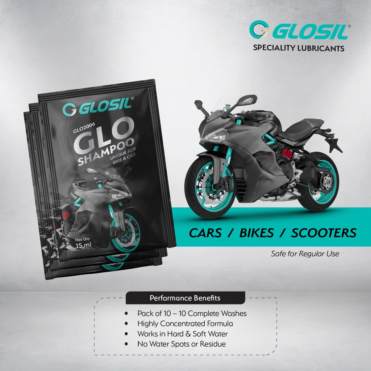 Glosil pH-neutral car and bike wash shampoo sachets pack of 10, 15ml each