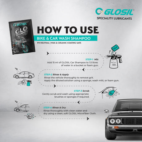 Glosil pH-neutral car and bike wash shampoo sachets pack of 10, 15ml each