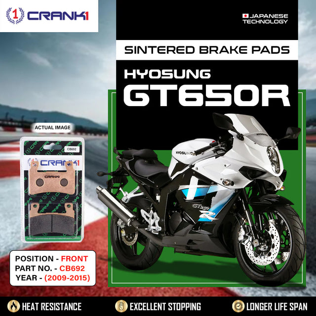 CRANK1 CB692 sintered front brake pads for Hyosung GT650R (2009-2015) high-performance motorcycle braking upgrade.