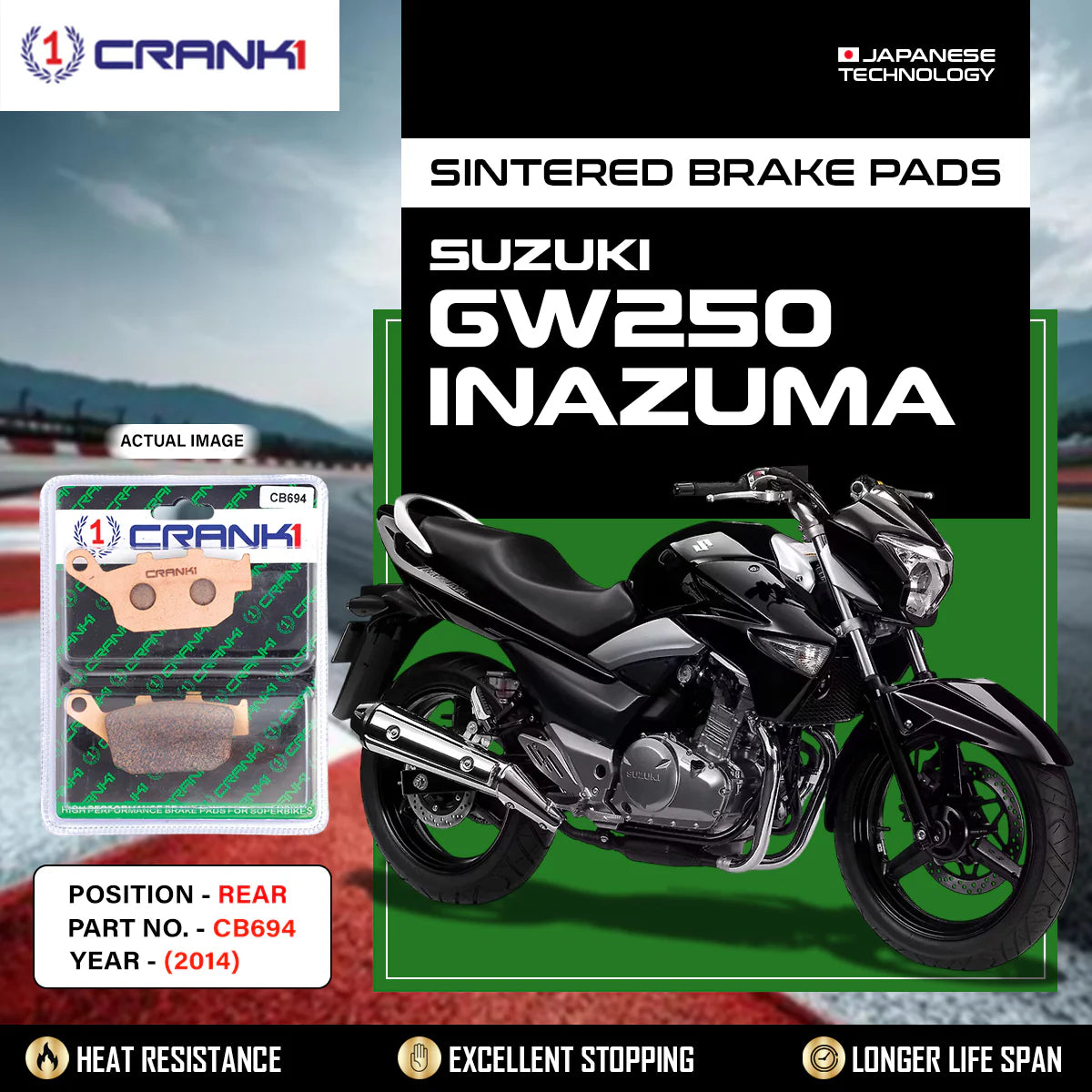 CRANK1 CB694 Sintered Rear Brake Pads for Suzuki GW250 Inazuma (2014)