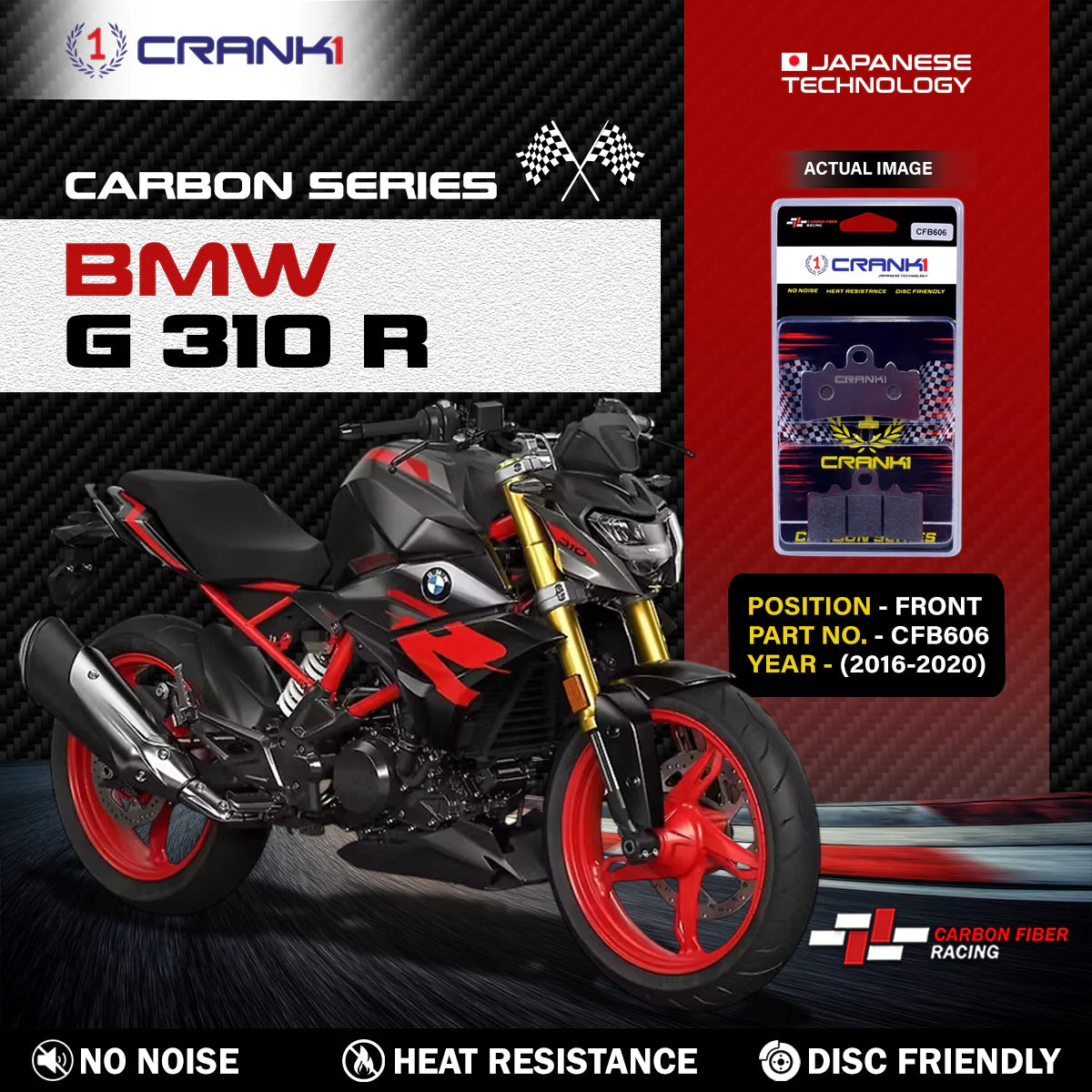 CRANK1 Carbon Front Brake Pads CFB606 for BMW G 310 R (2016-2020)