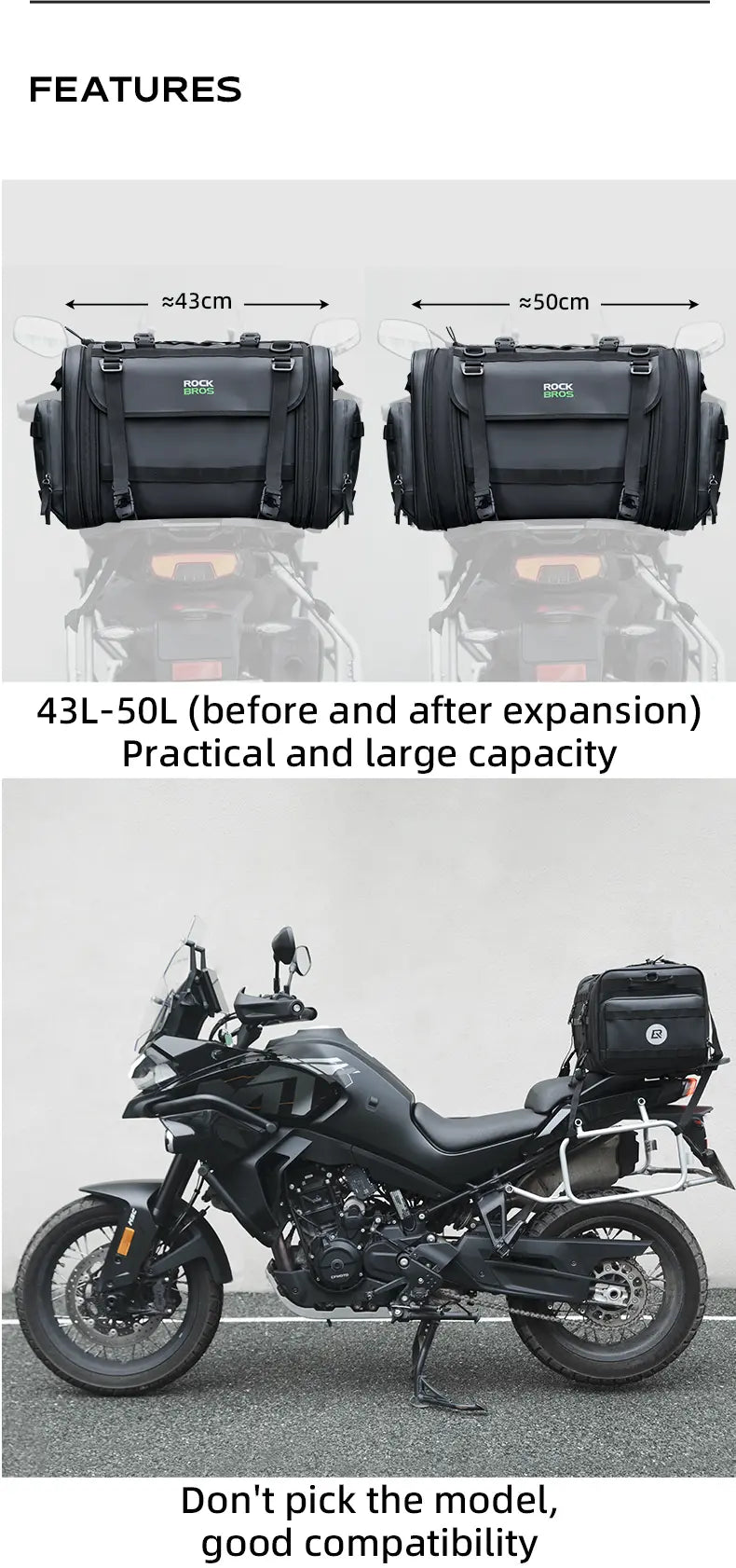 Moto Guard RockBro 43-50L Expandable Motorcycle Tail Bag with Rain Cover