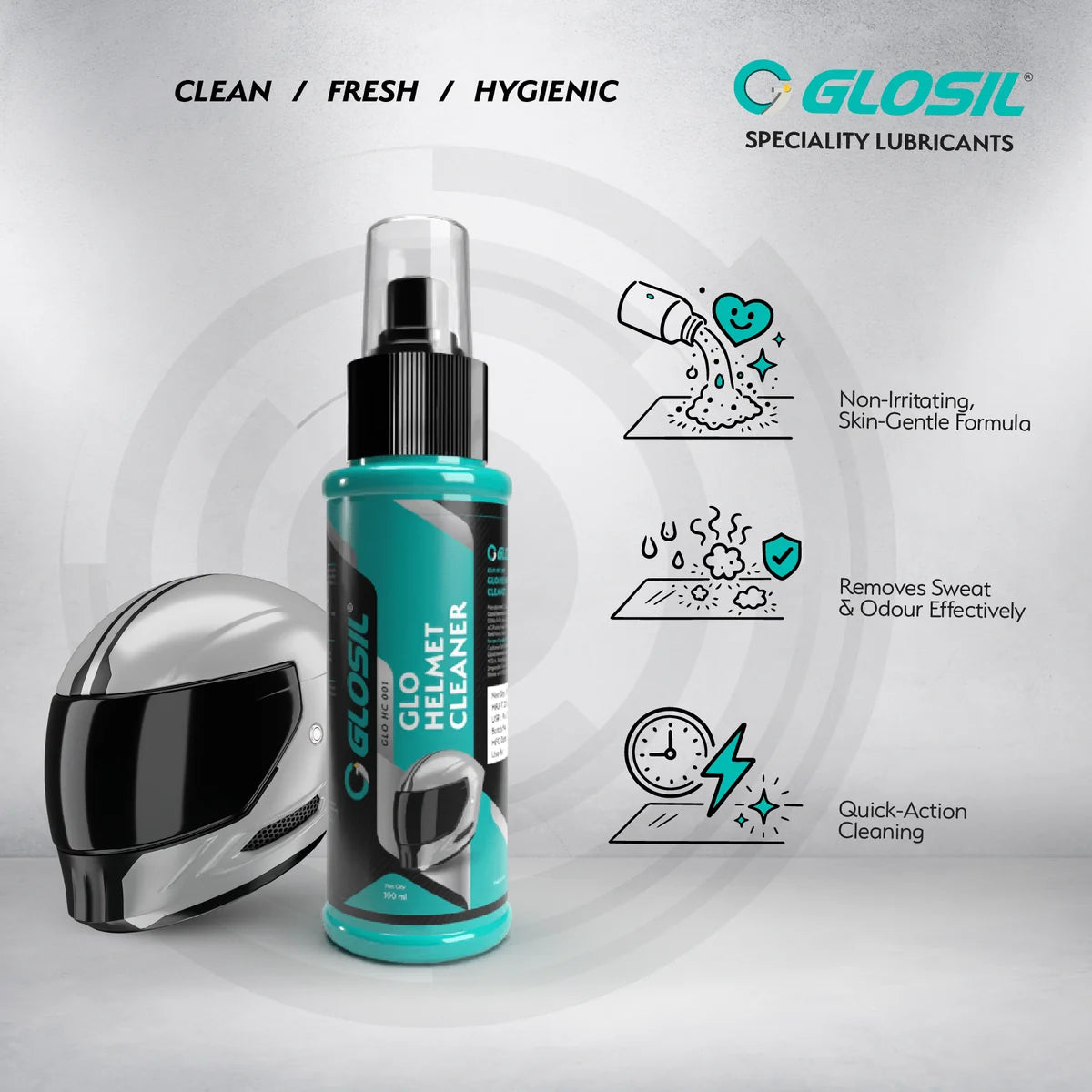 Glosil Helmet Cleaner Spray 100ml bottle for motorcycle helmet cleaning