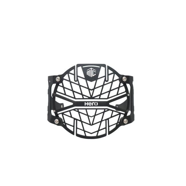 MotoCare headlight grill installed on Hero Xpulse motorcycle front for protection against debris and rugged styling