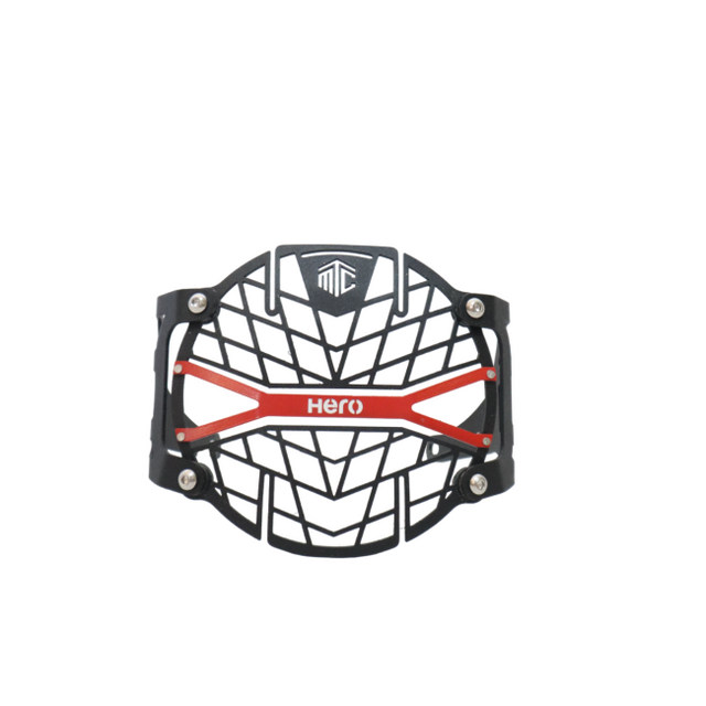 MotoCare headlight grill installed on Hero Xpulse motorcycle front for protection against debris and rugged styling