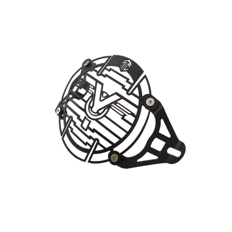MotoCare headlight grill installed on Yezdi Adventure motorcycle front headlamp showing rugged protective guard for off-road and touring safety