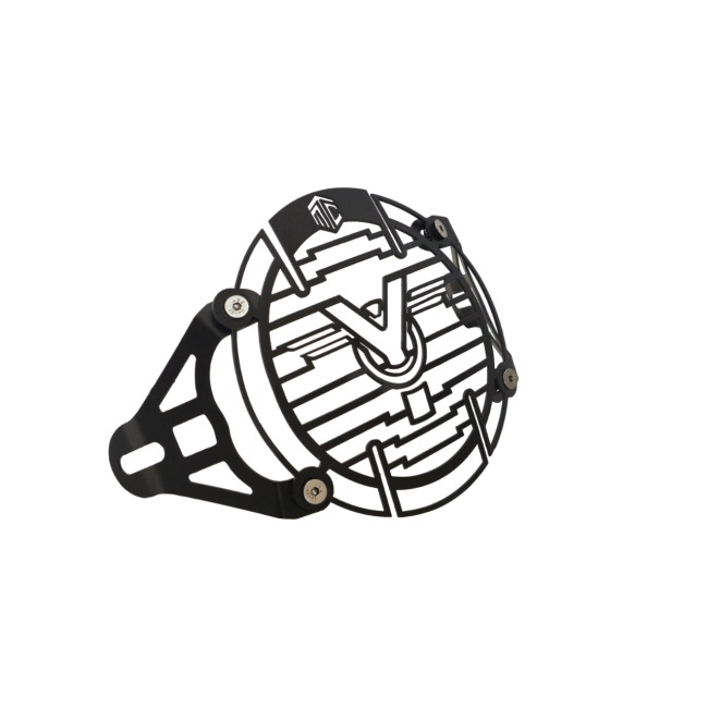 MotoCare headlight grill installed on Yezdi Adventure motorcycle front headlamp showing rugged protective guard for off-road and touring safety