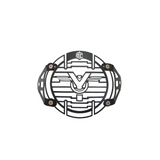 MotoCare headlight grill installed on Yezdi Adventure motorcycle front headlamp showing rugged protective guard for off-road and touring safety