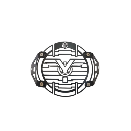 MotoCare headlight grill installed on Yezdi Adventure motorcycle front headlamp showing rugged protective guard for off-road and touring safety
