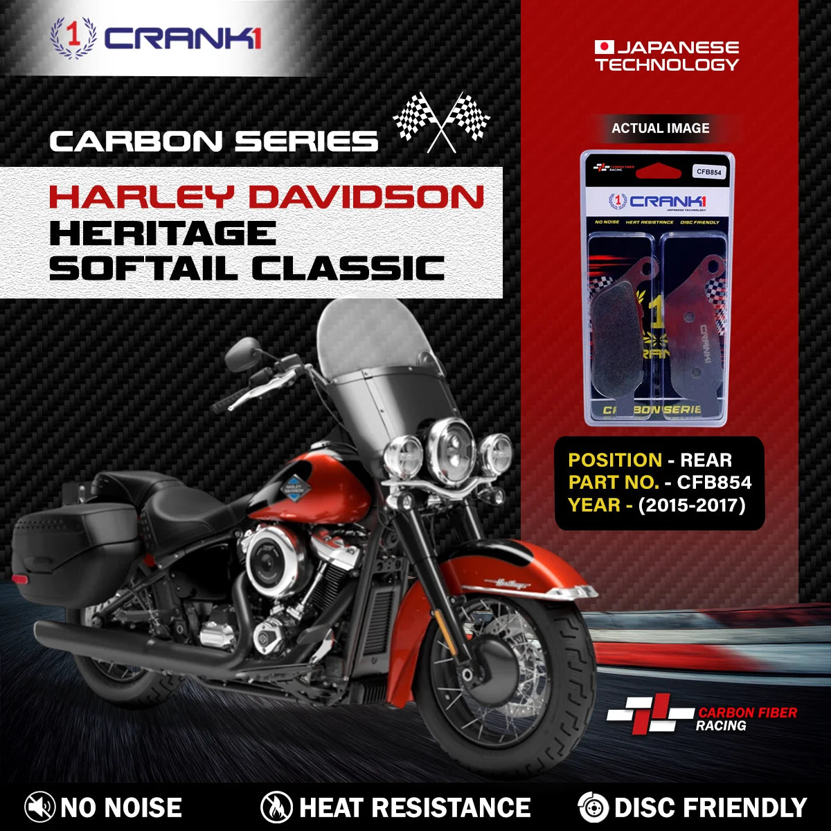 CRANK1 CFB854 carbon rear brake pads for Harley-Davidson Heritage Softail Classic 2015-2017