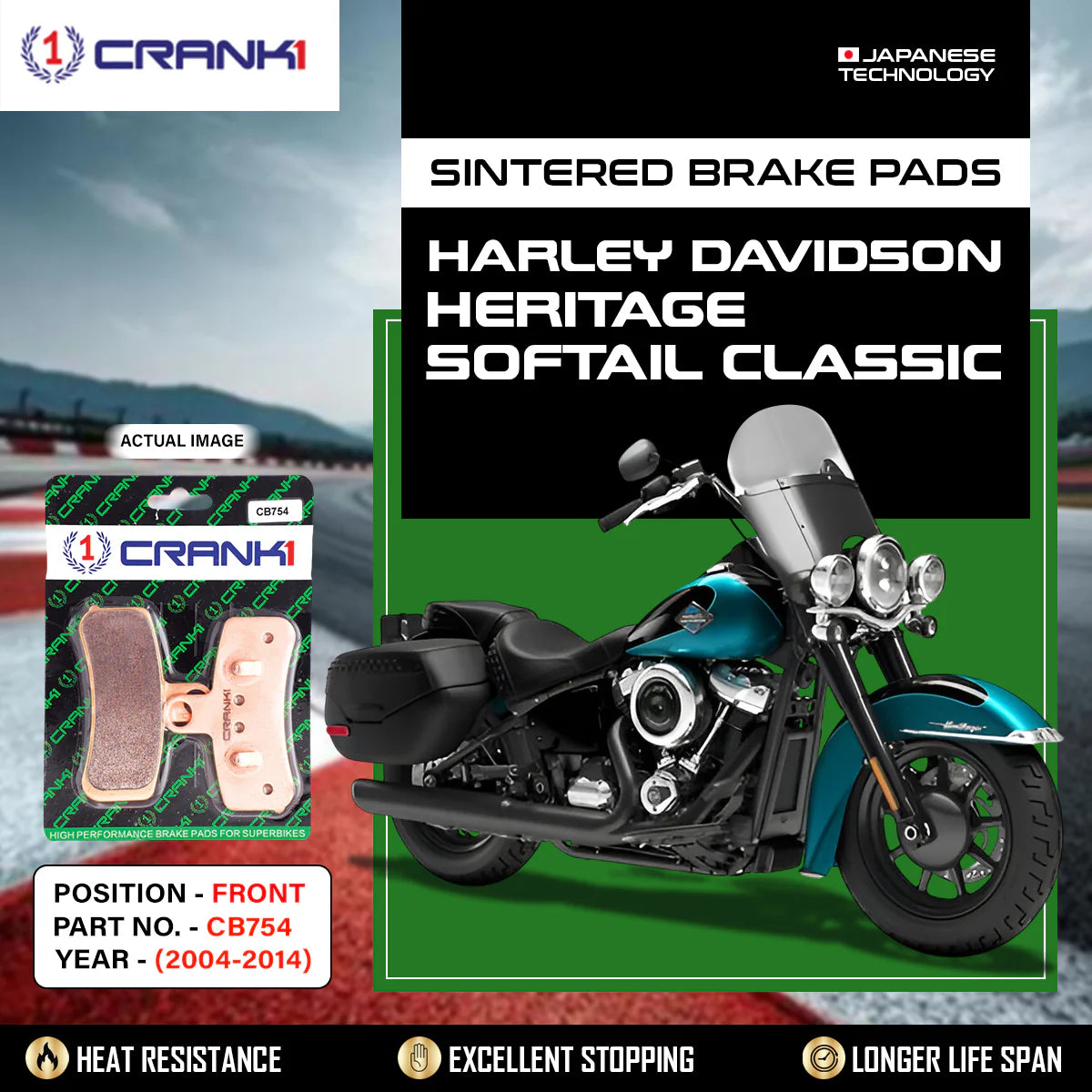 CRANK1 Sintered Front Brake Pads CB754 For Harley Davidson Heritage Softail Classic 2004-2014