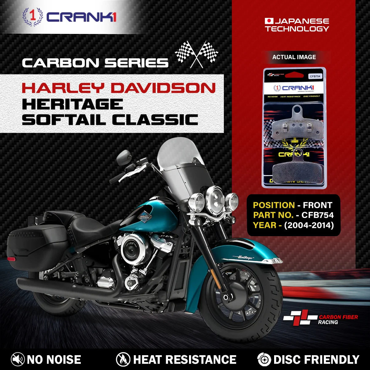 CRANK1 CFB754 carbon front brake pads for Harley-Davidson Heritage Softail Classic 2004-2014