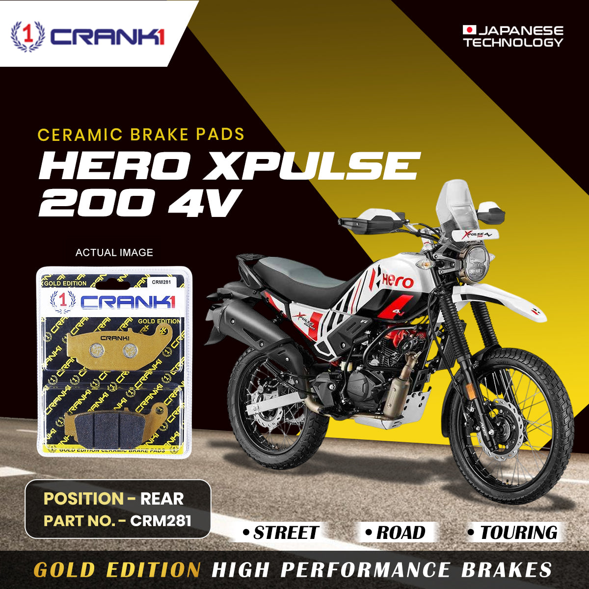 CRANK1 Ceramic Rear Brake Pads CRM281 for Hero Xpulse 200 4V HH Rated Motorcycle Disc Brake Pads