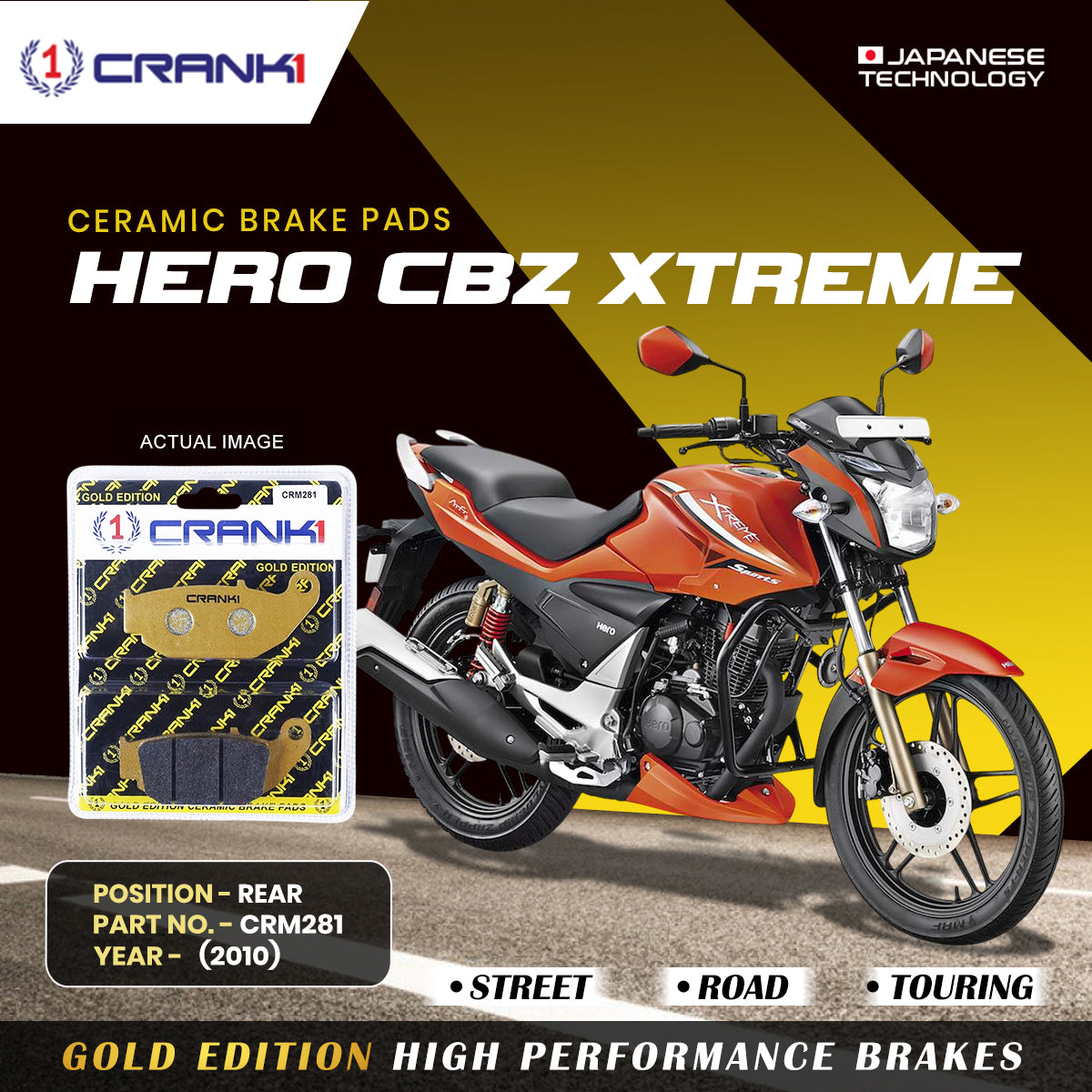 CRANK1 Ceramic Rear Brake Pads CRM281 for Hero CBZ Xtreme (2010) HH Rated Disc Brake Pads