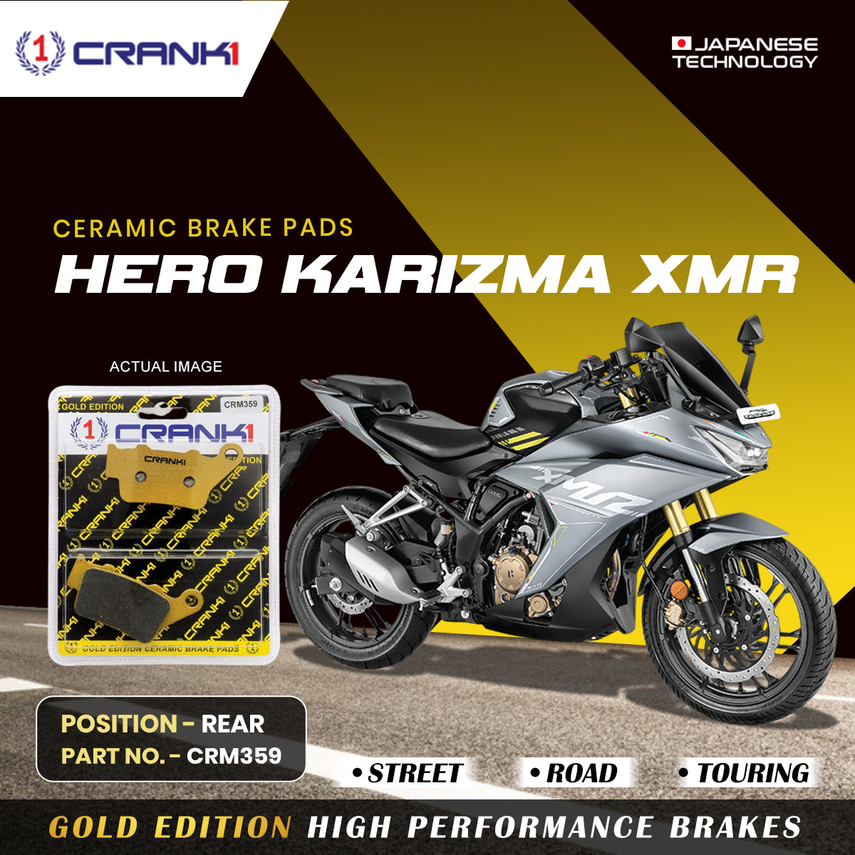 CRANK1 Ceramic Rear Brake Pads CRM359 for Hero Karizma XMR HH Rated Motorcycle Brake Pads