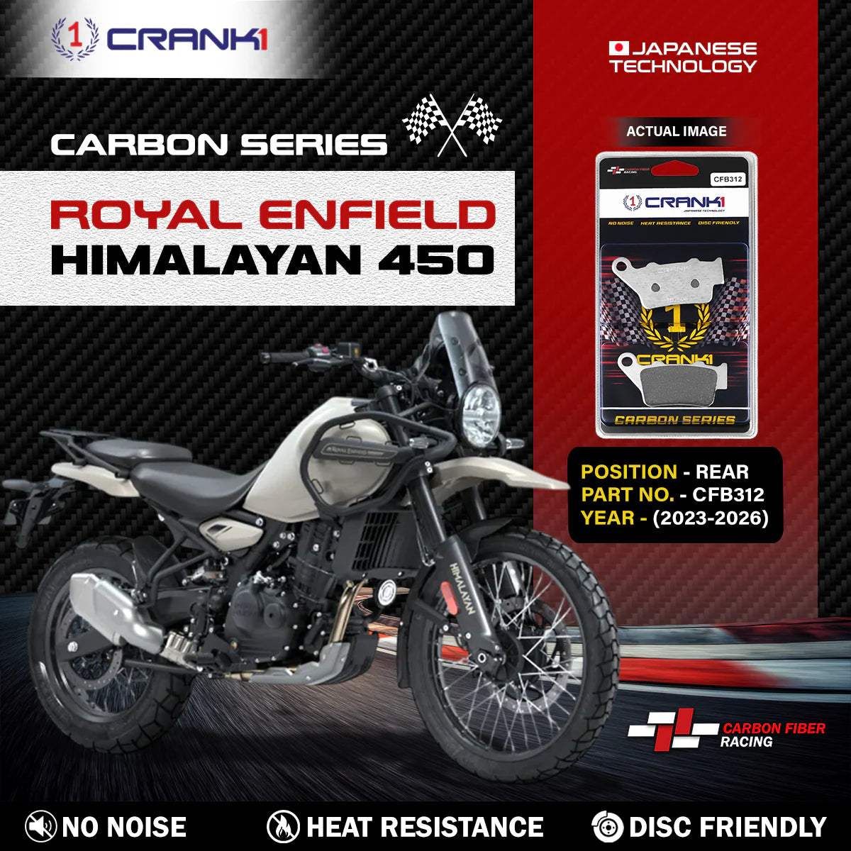 CRANK1 Carbon Rear Brake Pads CFB312 for Royal Enfield Himalayan 450, KTM Duke, BMW GS, Ducati Scrambler, Triumph Speed 400 and Adventure Motorcycles