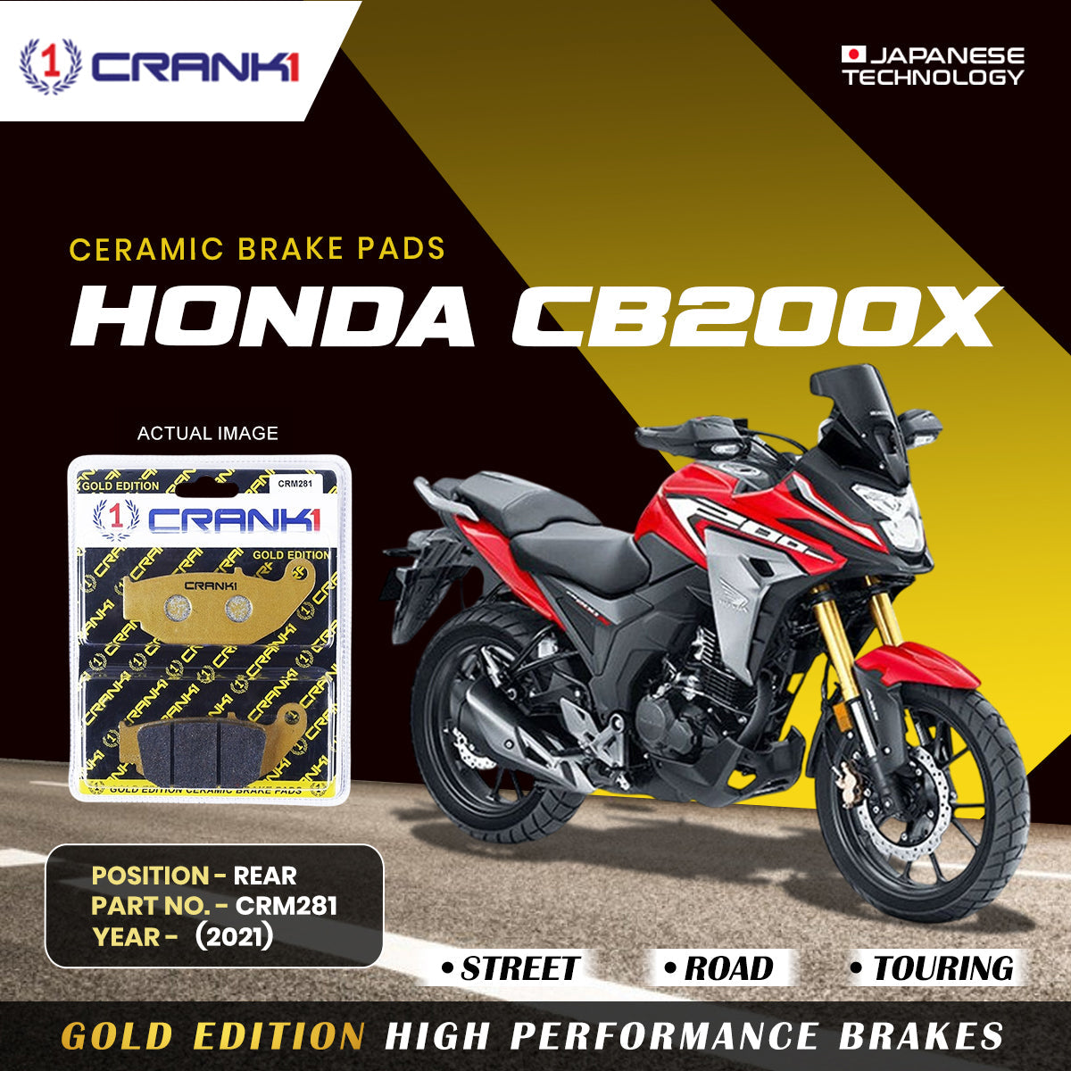 CRANK1 Ceramic Rear Brake Pads CRM281 for Honda CB200X 2021 HH Rated Disc Brake Pads
