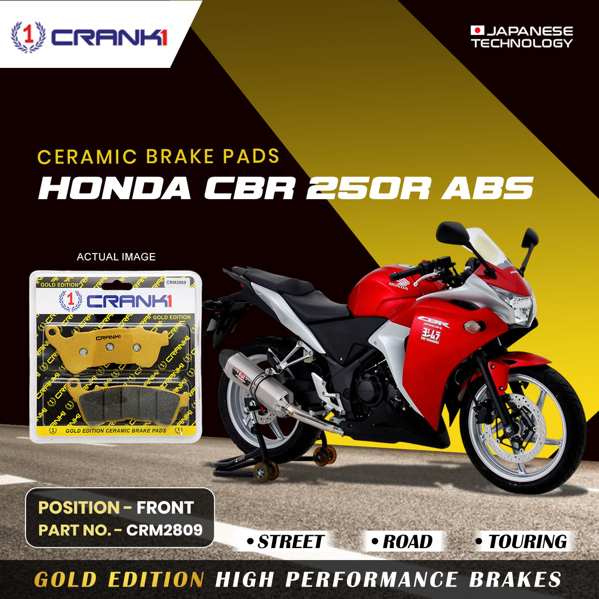 CRANK1 Ceramic Front Brake Pads CRM2809 for Honda CBR 250R ABS HH Rated Motorcycle Brake Pads